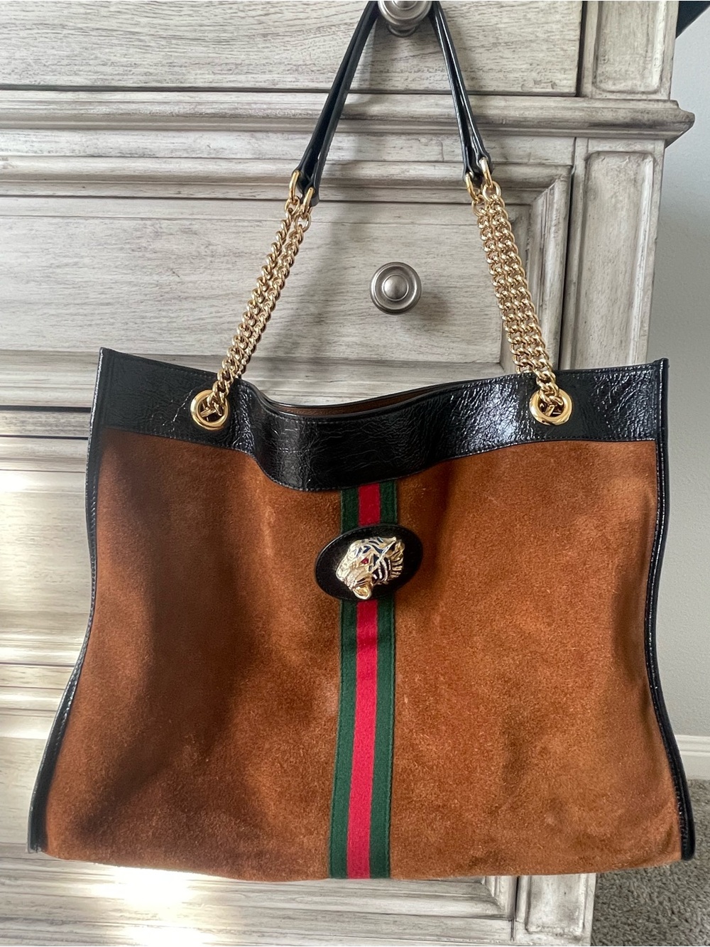 Brown Suede Tote with Black Trim and Gold Chain Handles